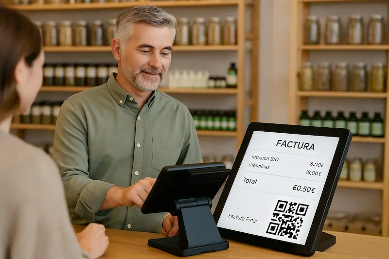 ¿ Los herbolarios y tiendas de dietética están obligados a usar VeriFactu?. Dueño de un herbolario usando un TPV moderno para emitir un ticket con código QR, demostrando que los herbolarios y tiendas de dietética están obligados a usar VeriFactu.