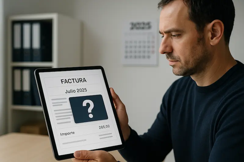 Un empresario examina un documento digital con un gráfico de euros, preguntándose cuál es el monto mínimo para emitir una factura electrónica en España.