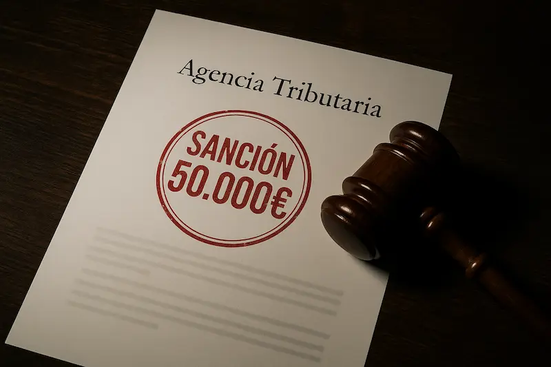 ¿Cuáles son las multas por no usar un sistema VeriFactu o por emitir facturas sin QR?. Un mazo de juez sobre un documento oficial con el texto "SANCIÓN 50.000€" y el logo de la Agencia Tributaria, ilustrando las multas VeriFactu.