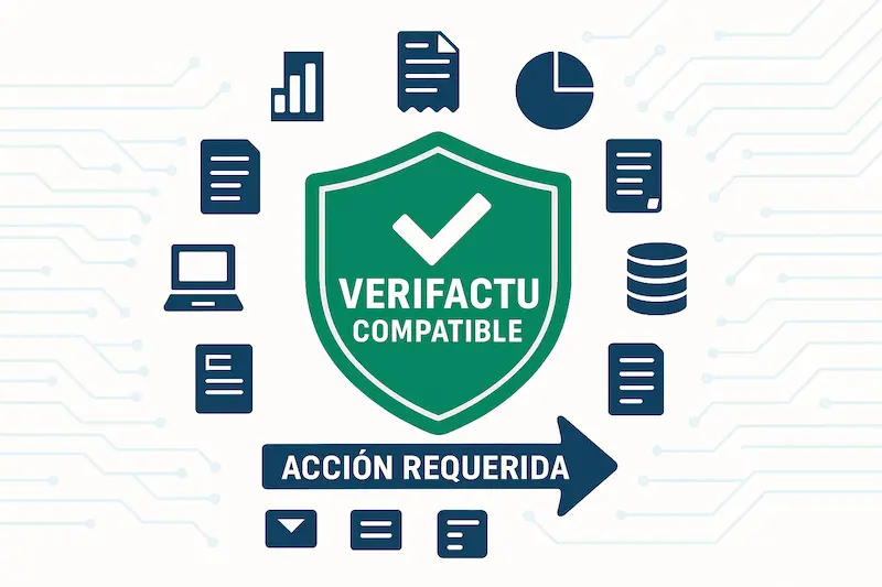 Collage con los logos de varios programas y software compatibles con VeriFactu rodeando un sello central de "VeriFactu Compatible".