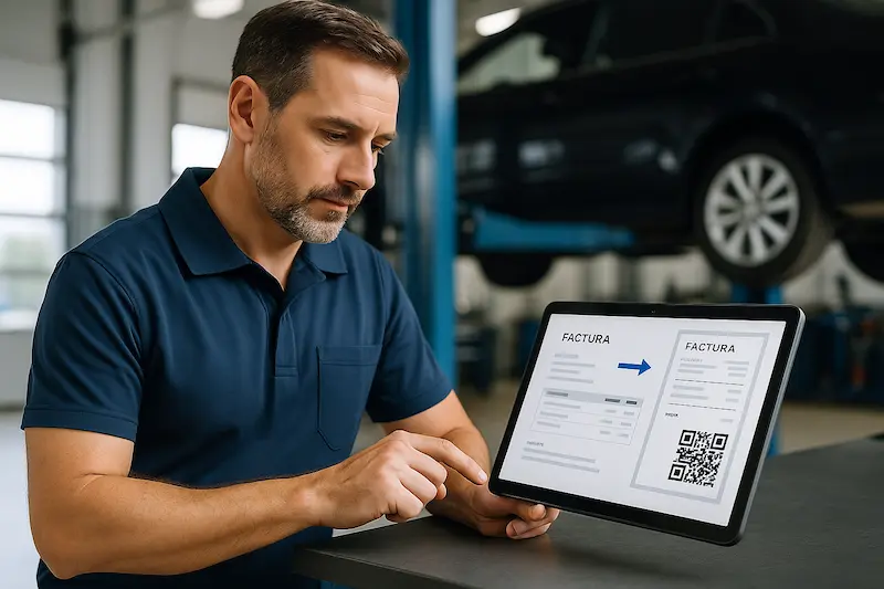 ¿Están los Talleres Mecánicos Obligados a VeriFactu? Guía 2025 25 ¿Los talleres mecánicos están obligados a usar VeriFactu?. Un mecánico profesional revisando una factura con código QR en una tablet dentro de un taller mecánico, demostrando que los talleres mecánicos están obligados a usar VeriFactu.