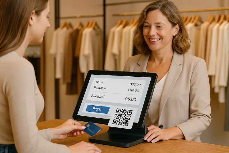 ¿Las tiendas de ropa y zapaterías están obligadas a usar VeriFactu?. Dueña de una tienda de ropa usando un TPV moderno con código QR para cobrar a un cliente, demostrando que las tiendas de ropa y zapaterías están obligadas a usar VeriFactu.