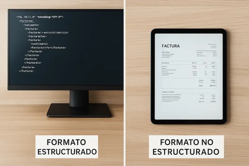 Comparativa de qué tipos de facturas electrónicas que existen: un monitor muestra código XML (formato estructurado) y una tablet un PDF (formato no estructurado).