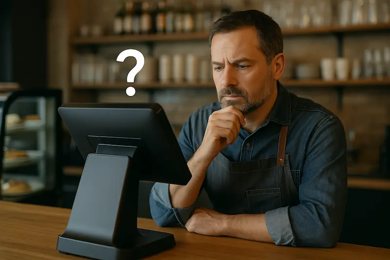 El dueño de un comercio se pregunta Mi TPV actual ¿será compatible con VeriFactu o necesito uno nuevo?, mientras lo examina con gesto de duda.