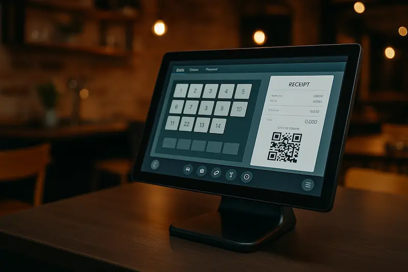Un TPV para hostelería moderno en el mostrador de un restaurante elegante, mostrando una interfaz de gestión de mesas y un ticket con el código QR de Verifactu.
