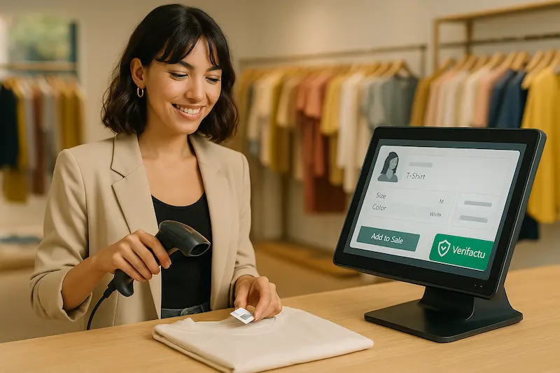 Empleada de una boutique de moda utilizando un TPV para tienda de ropa táctil moderno para escanear una prenda, con un icono de Verifactu visible en la pantalla.