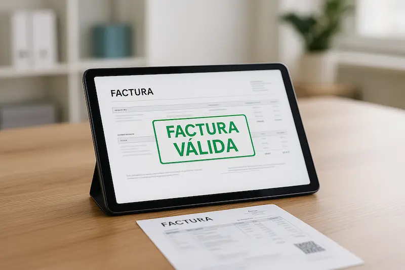 Una factura electrónica en una pantalla de tablet con un sello digital verde que confirma cuál es la validez de una factura electrónica.