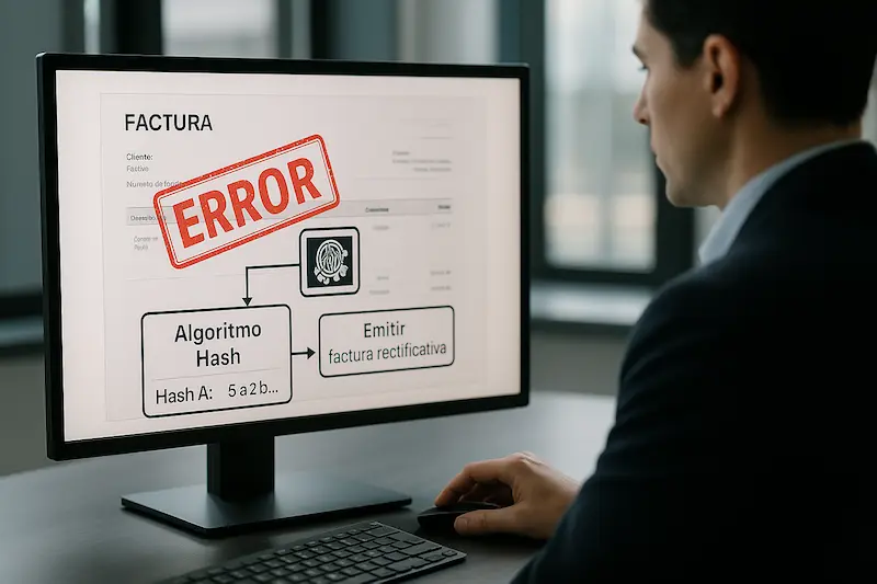 Se puede anular un registro de facturación ya enviado a Hacienda a través de VeriFactu. Persona corrigiendo un error en una factura ya enviada a Hacienda, decidiendo entre anular o emitir una factura rectificativa bajo el sistema VeriFactu.