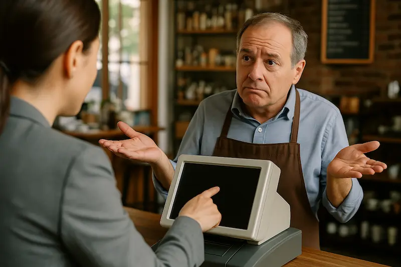 Qué hago si un restaurante o comercio se niega a darme una factura con el sistema VeriFactu. Cliente en un mostrador solicitando una factura VeriFactu a un comerciante que se niega a dársela.