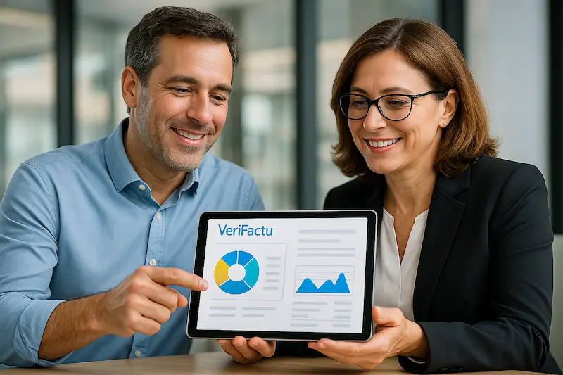 Mi asesoría o gestor necesita un software VeriFactu para recibir y gestionar mis facturas. Un empresario y su gestor colaborando en la gestión de facturas gracias a un software VeriFactu compatible.
