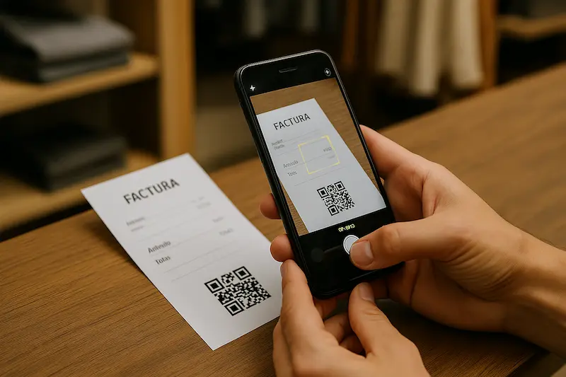 Un cliente, cómo puedo escanear y verificar el código QR de una factura utilizando el teléfono móvil para escanear y verificar el código QR de una factura en papel sobre un mostrador.