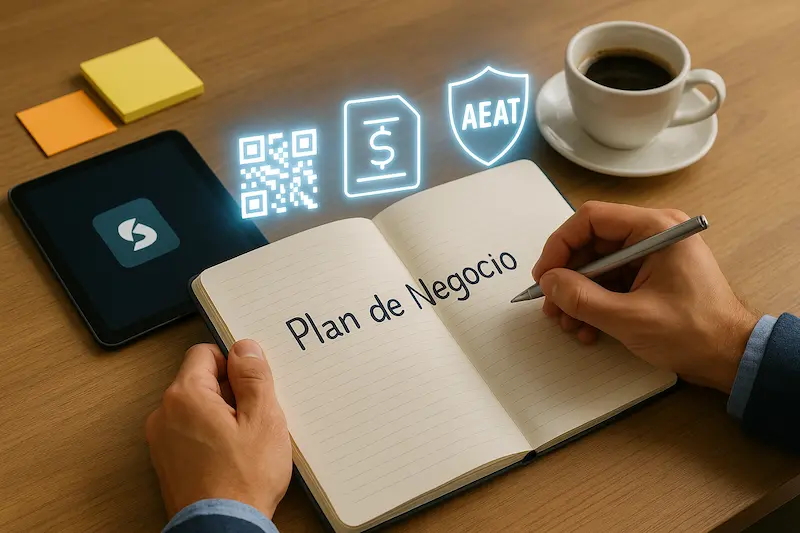 Una persona emprendedora planificando en un escritorio cómo emprender un negocio en España, con iconos de Verifactu y factura electrónica sobre la mesa.