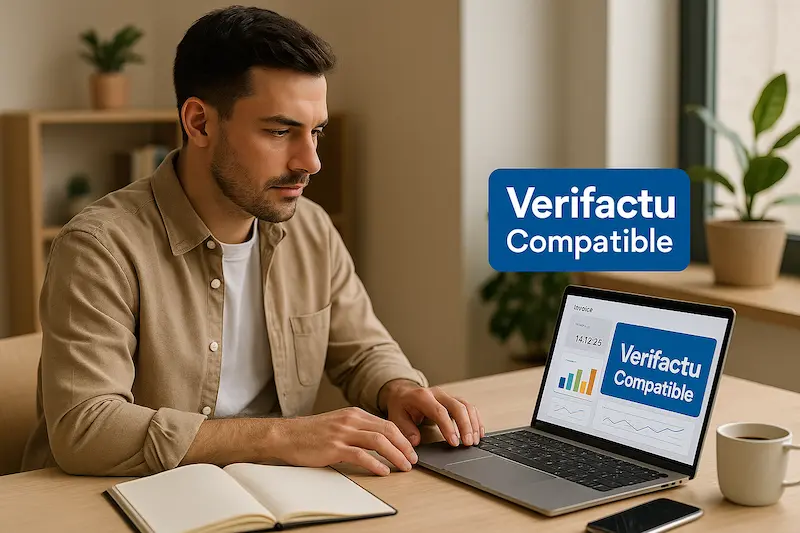 Un profesional autónomo en su oficina en casa planificando cómo iniciar un negocio autónomo, con la pantalla de su portátil mostrando un software de facturación Verifactu.