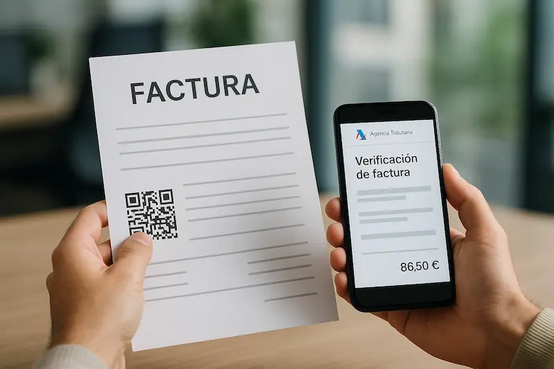 Como se comprueba la autenticidad y validez de una factura emitida con VeriFactu. Persona comprobando la autenticidad y validez de una factura emitida con VeriFactu usando un smartphone para escanear el código QR.