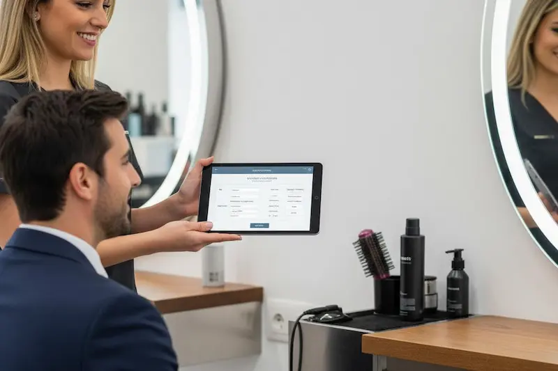 Se puede emitir factura electrónica desde un TPV de peluquería. Estilista emitiendo una factura electrónica desde un TPV de peluquería a un cliente autónomo.