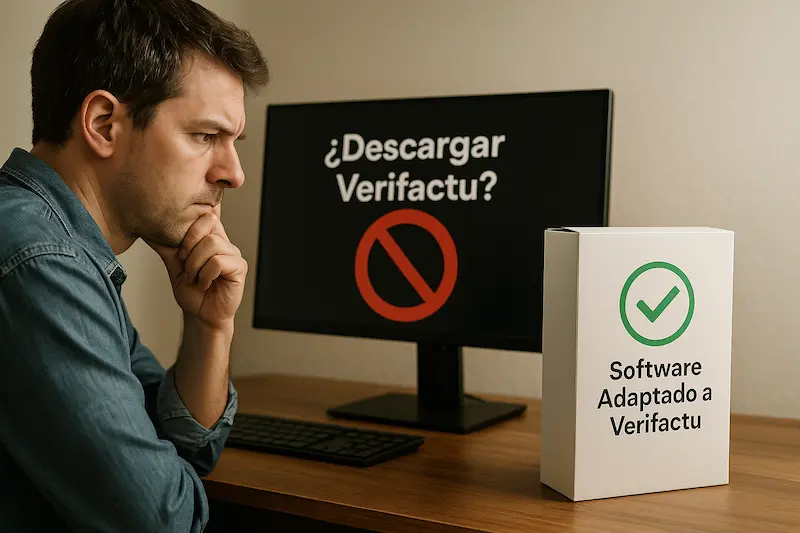 Se puede descargar Verifactu. Un empresario confundido mirando un icono de descarga con el logo de Verifactu tachado, y al lado un icono de un software certificado con un check verde que sí se puede descargar.