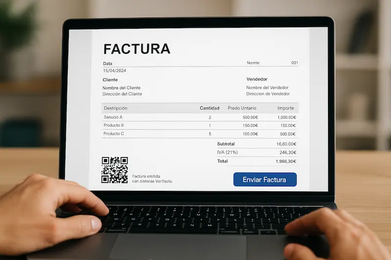 Un autónomo emitiendo su primera factura en un portátil que muestra un software Verifactu y el QR obligatorio.