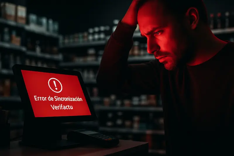 Un empresario frustrado frente a un TPV que muestra un mensaje de error, simbolizando los problemas Verifactu y la necesidad de soluciones.