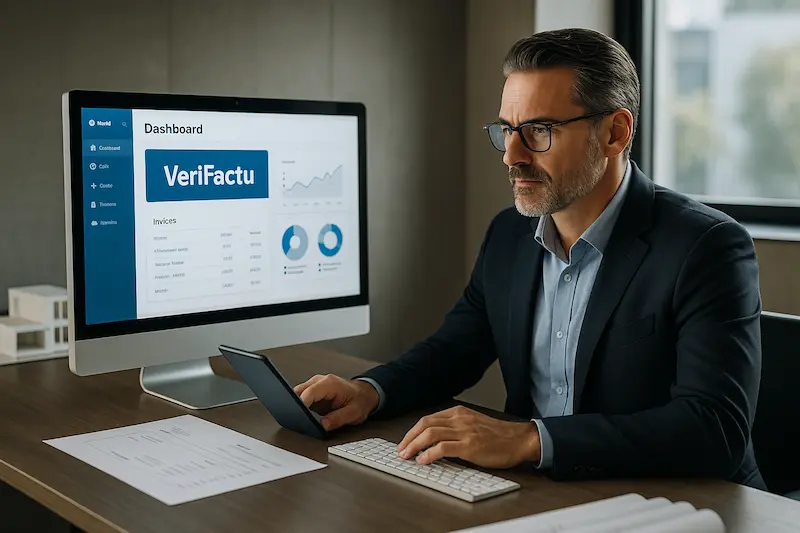 Estan los profesionales liberales obligados a usar VeriFactu. Un arquitecto en su estudio revisando una factura en su ordenador, que muestra la interfaz de un software compatible con VeriFactu.