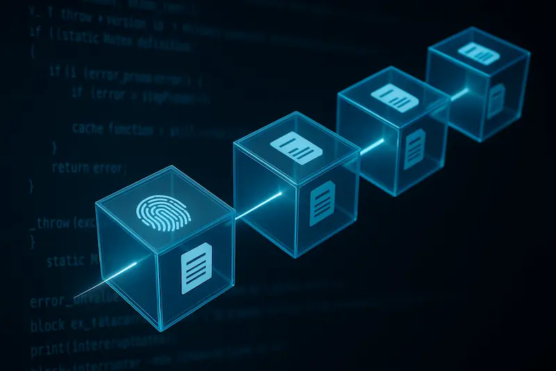 Qué es el hash o encadenado de facturas en VeriFactu y por qué es importante. Infografía explicando qué es el hash o encadenado de facturas en VeriFactu, mostrando una cadena de bloques digitales.
