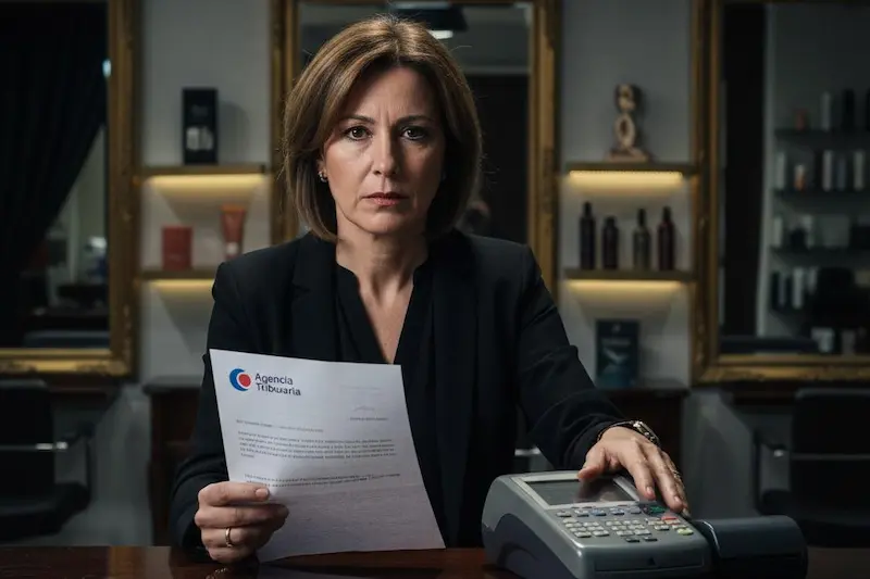 Qué sanciones puede tener una peluquería si no adapta su TPV a Verifactu. Dueña de una peluquería preocupada mirando su TPV mientras revisa una carta con el logo de la Agencia Tributaria.