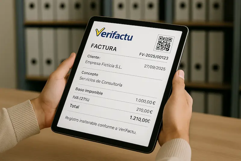Sustituye VeriFactu la obligación de conservar las facturas originales durante los próximos años. Persona en un archivo comparando una factura digital en una tablet con el sistema VeriFactu y un archivo físico, representando que VeriFactu no sustituye la obligación de conservar las facturas.