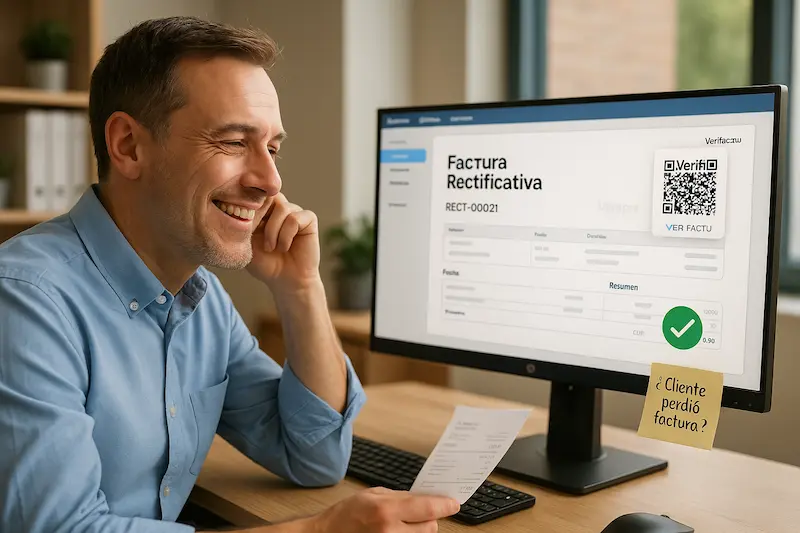 Si mi cliente pierde su factura cómo puedo re-emitir un duplicado con VeriFactu. Un autónomo preocupado se pregunta si mi cliente pierde su factura cómo puedo re-emitir un duplicado con VeriFactu, mientras en su pantalla se ve la solución: una factura rectificativa.