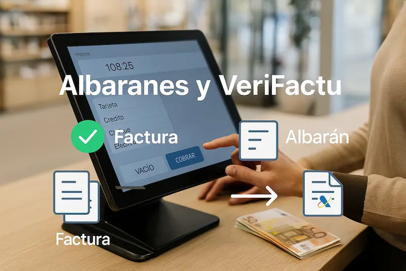 ¿Cómo afecta VeriFactu a los pagos en efectivo? Un comerciante utilizando un TPV moderno para registrar un pago en efectivo, con un texto superpuesto que pregunta "¿Cómo afecta VeriFactu a los pagos en efectivo?".