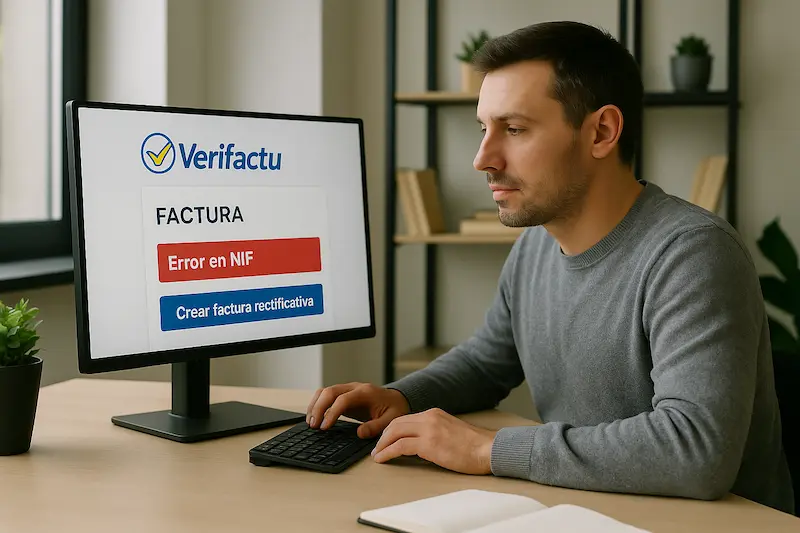 ¿Qué hago si emito una factura con VeriFactu con un error en el NIF del cliente? Profesional corrigiendo una factura VeriFactu con un error en el NIF del cliente mediante una factura rectificativa en su software.