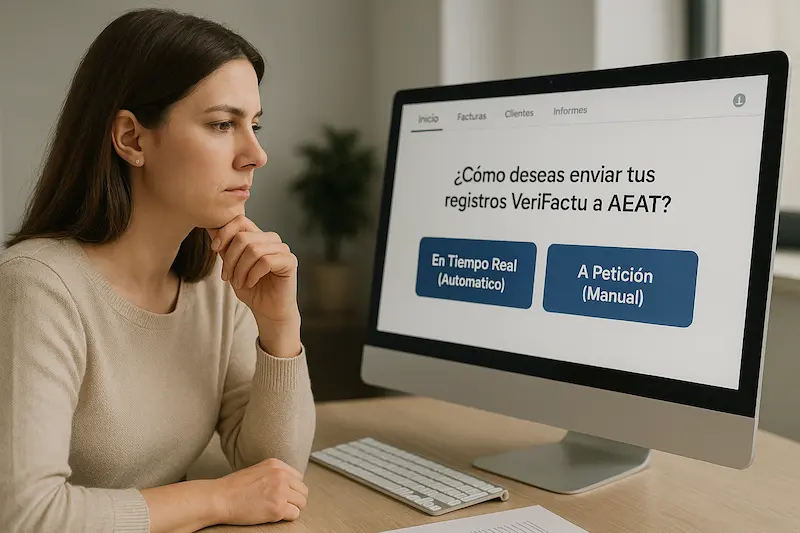 Debo enviar el registro VeriFactu a Hacienda en tiempo real o puedo hacerlo al final del día. Una empresaria mira una pantalla de ordenador que le pregunta si debe enviar el registro VeriFactu a Hacienda en tiempo real o al final del día, mostrando dos opciones claras.