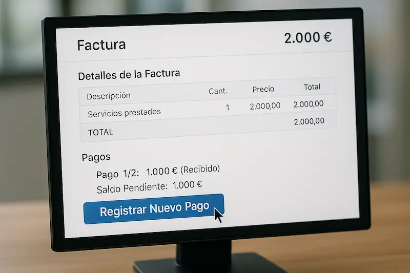 Cómo se gestionan los pagos parciales de una misma factura en un sistema VeriFactu. Interfaz de un software de facturación mostrando cómo se gestionan los pagos parciales de una misma factura en un sistema VeriFactu, con un pago ya registrado y otro pendiente.
