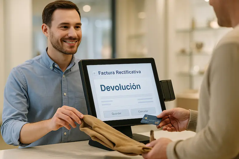 ¿como se documenta en verifactu la devolucion de un producto pagado con tarjeta? Una persona en un mostrador gestionando la devolución de un producto pagado con tarjeta en un TPV compatible con VeriFactu.