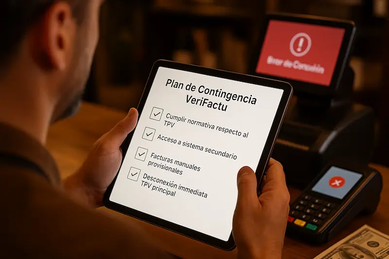 ¿Qué hago si mi sistema VeriFactu se cae durante varias horas cómo registro las ventas? Un empresario sigue un plan de contingencia en una tablet mientras su sistema VeriFactu está caído en el ordenador de fondo.
