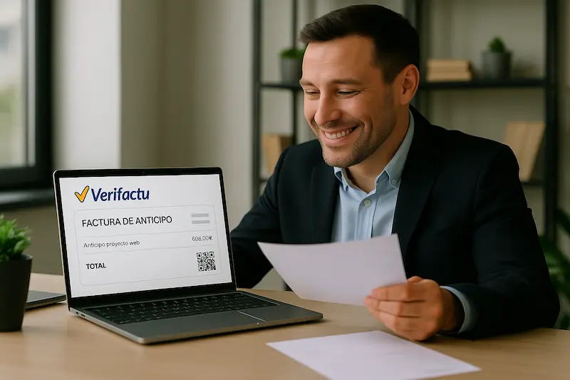 ¿Cómo registro un anticipo de un cliente con VeriFactu? Un autónomo utiliza un software VeriFactu en su ordenador para registrar correctamente un anticipo de un cliente.