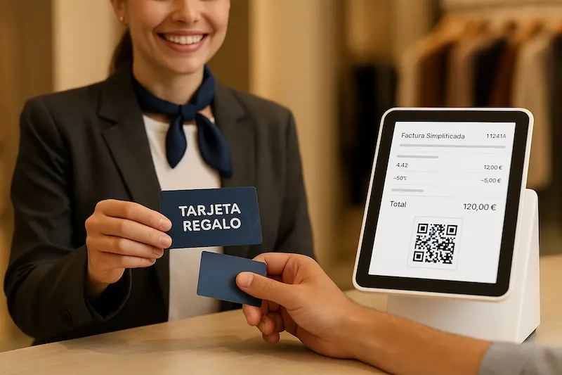 ¿Los tickets regalo o vales de compra se ven afectados por VeriFactu? Una persona entregando un ticket regalo afectado por VeriFactu a un cliente en un mostrador.