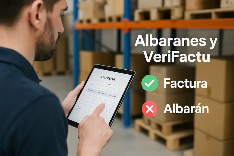 ¿Afecta VeriFactu a los albaranes o notas de entrega? Un trabajador de almacén revisa un albarán en una tablet, con la pregunta "¿Afecta VeriFactu a los albaranes o notas de entrega?" superpuesta, y una marca de "No" clara.