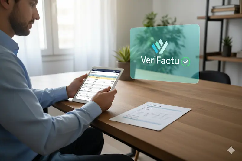 ¿Los presupuestos y las facturas proforma deben cumplir algún requisito de VeriFactu? Un empresario revisa un presupuesto en una tablet junto a una factura proforma, con el logo de VeriFactu y un escudo de cumplimiento legal de fondo.