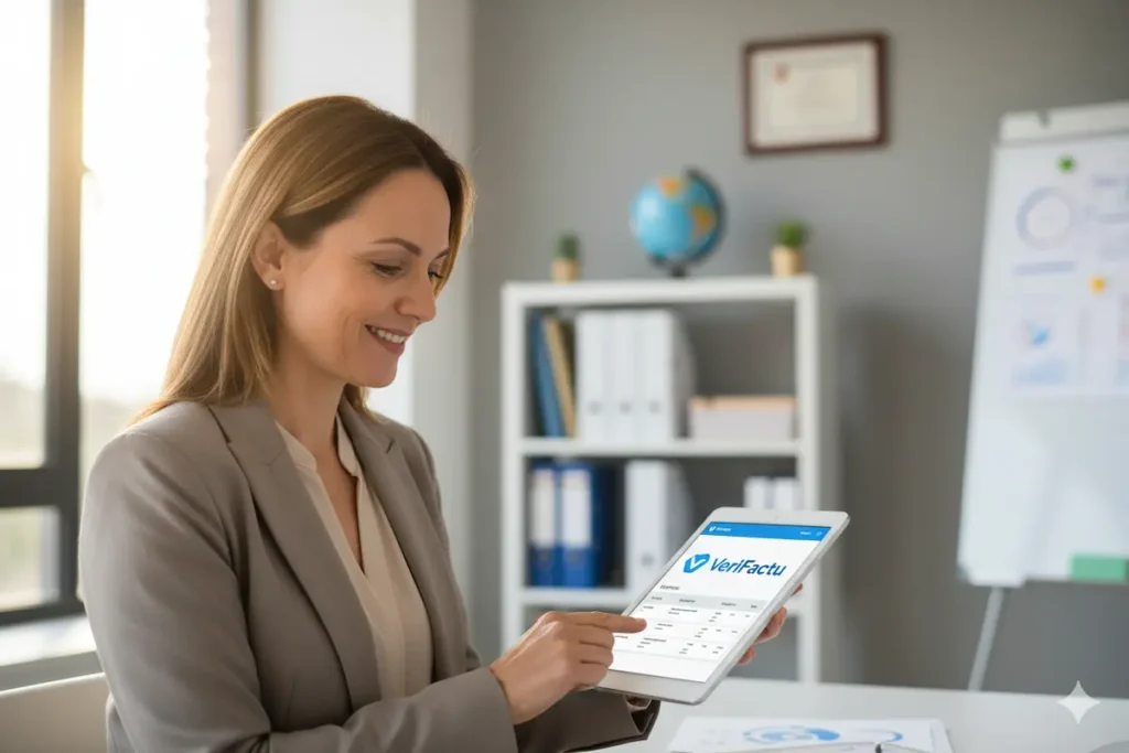 ¿puede mi gestoria acceder directamente a mis registros de verifactu? Un asesor fiscal revisando documentos digitales en una tableta con gráficos de VeriFactu en el fondo, representando el acceso autorizado.