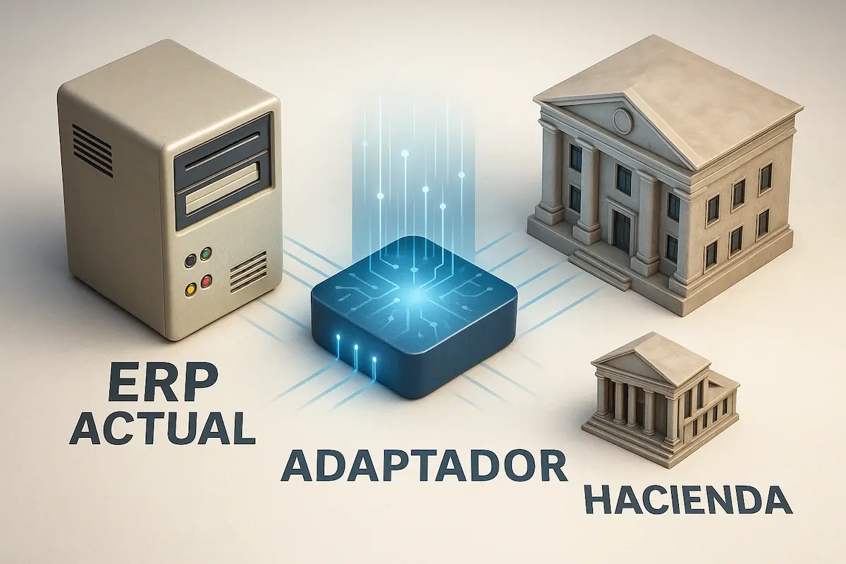 Adaptador Verifactu. Esquema visual 3D mostrando cómo un adaptador conecta un software ERP antiguo con la Agencia Tributaria.