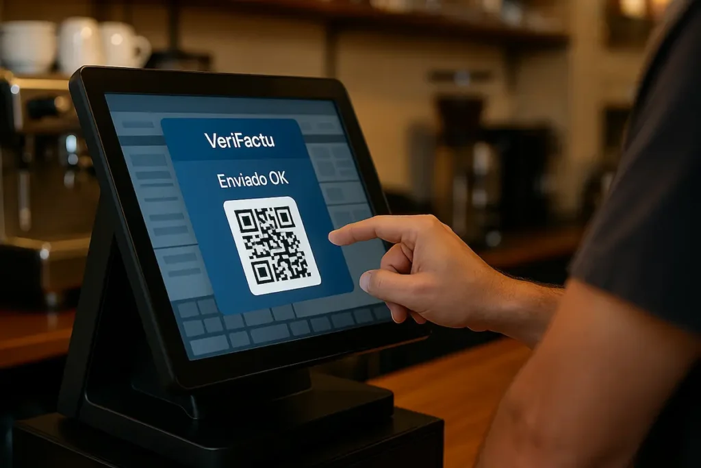 Adaptador verifactu para tpv. Camarero utilizando un TPV táctil antiguo en un bar que muestra una notificación de 'Verifactu Conectado' gracias a un adaptador de software.
