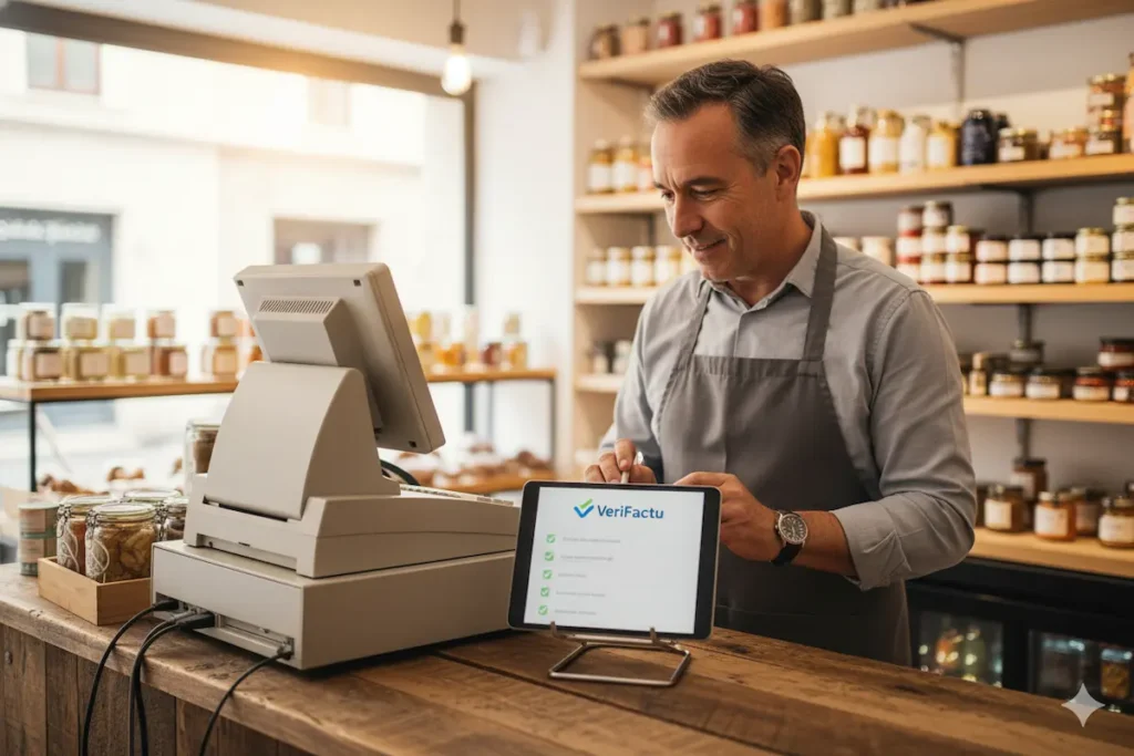 ¿Como adaptar mi tpv antiguo a verifactu? Dueño de un negocio evaluando su TPV antiguo con una guía de adaptación a VeriFactu en una tablet.
