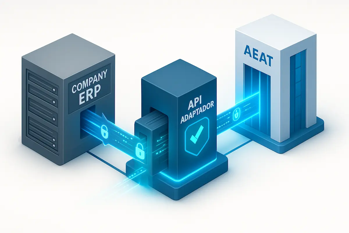 Ingeniero de software conectando cables de fibra óptica digitales que unen un servidor empresarial con el logotipo de la Agencia Tributaria, representando la API Adaptador Verifactu.