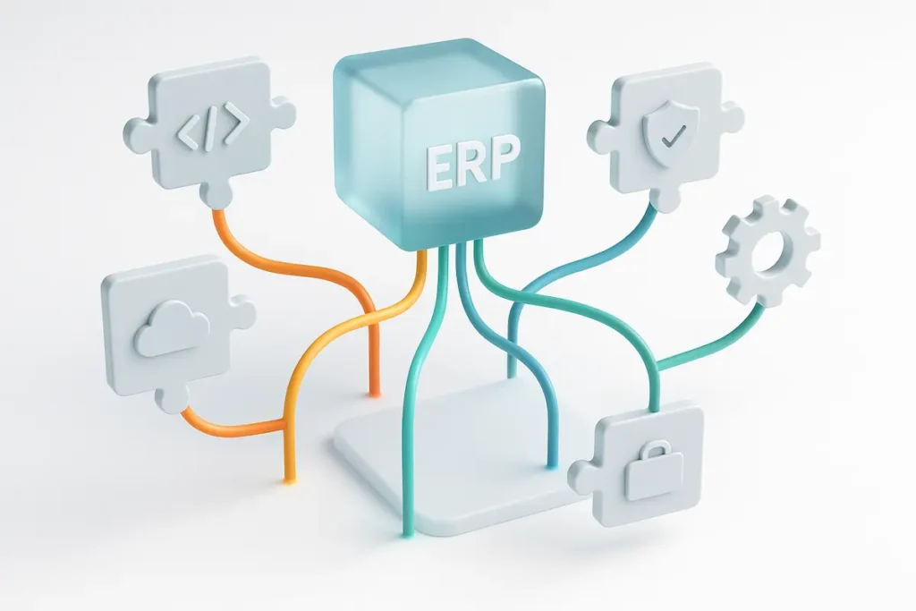 Los 7 Mejores Adaptadores Verifactu de 2025 (Análisis y Comparativa) 13 Mejores adaptadores VeriFactu. Diagrama conceptual mostrando un sistema ERP central conectándose a varias soluciones de adaptadores Verifactu, representados como conectores de luz.