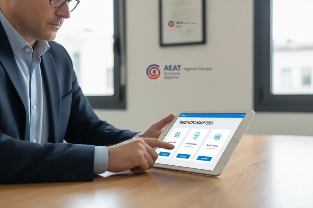 Dónde Comprar un Adaptador Verifactu: Guía de Proveedores Oficiales 12 Comprar adaptador verifactu. Empresario comparando opciones para comprar un adaptador Verifactu en una tablet con logotipos de proveedores oficiales de fondo.