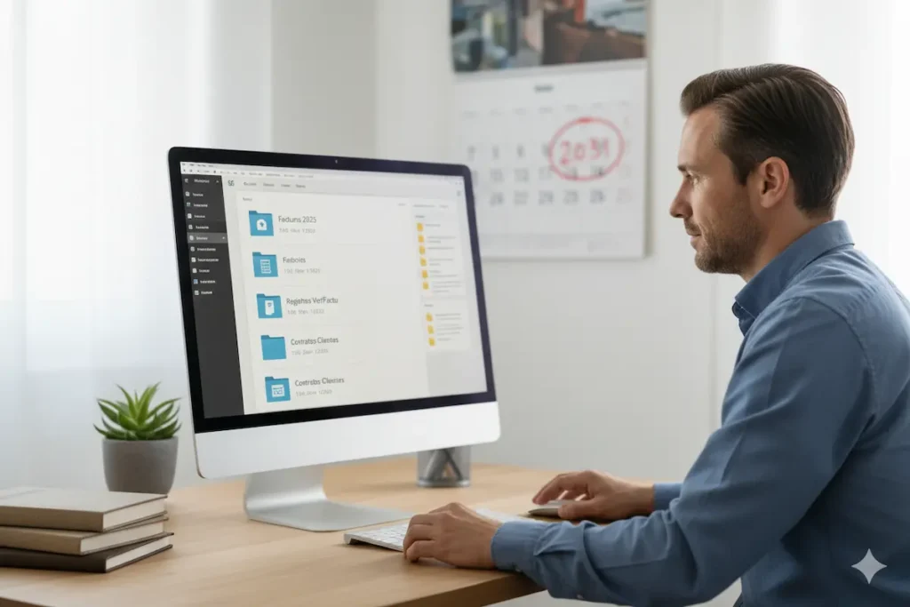 ¿cuanto tiempo debo conservar los registros y las copias de seguridad de verifactu? Un empresario archivando digitalmente facturas en un servidor seguro, con un calendario marcando un plazo de 6 años.