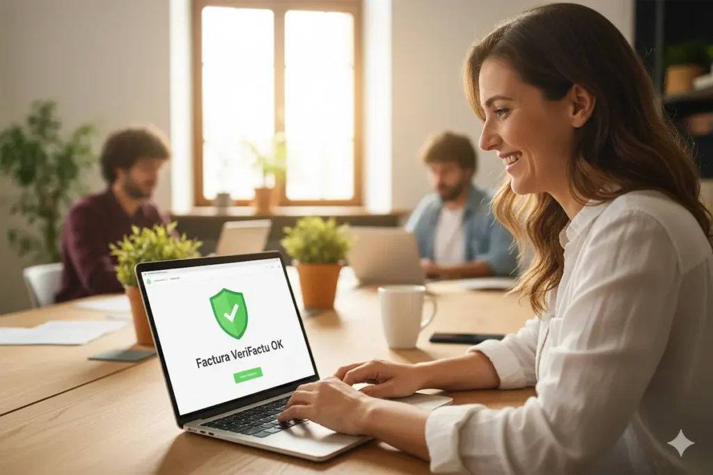 ¿Obliga VeriFactu a Consultores y Freelancers? Guía 2026 19 ¿Los Consultores y Freelancers están Obligados a Usar VeriFactu? Un consultor freelance trabajando en su portátil que muestra un software de facturación adaptado a la normativa VeriFactu.