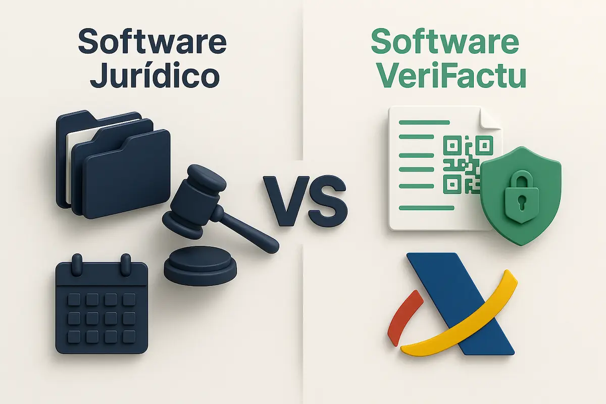 Diferencias software jurídico y software verifactu. Comparativa visual entre un software de gestión jurídica (expedientes) y un software VeriFactu (facturación fiscal).