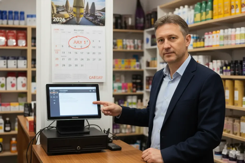 ¿Es Obligatorio Actualizar el TPV a VeriFactu en 2026? Guía Clave 5 Dueño de un pequeño negocio señalando la pantalla de su TPV, con un calendario de 2026 de fondo, indicando la obligatoriedad de VeriFactu.