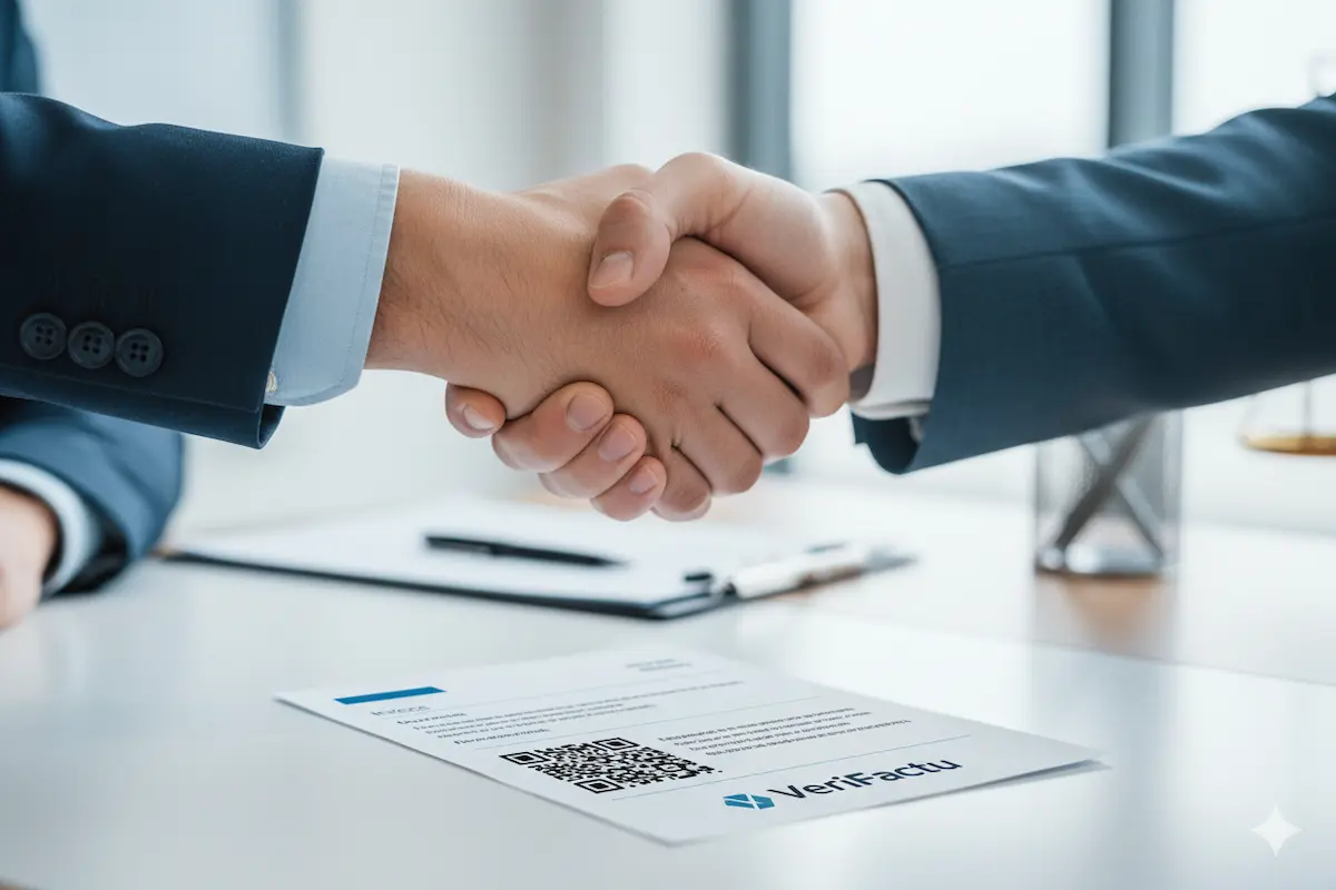 Dos personas dándose la mano sobre un contrato, con una factura VeriFactu visible, simbolizando un acuerdo de comisión.