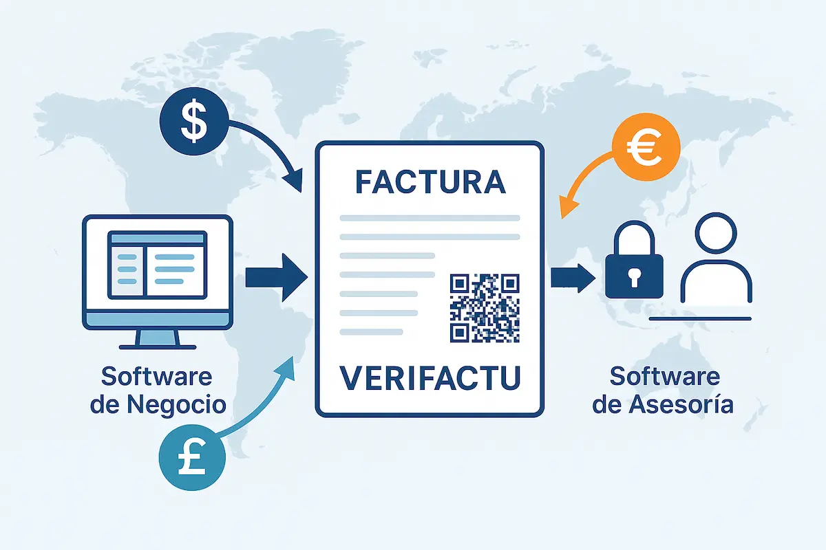 Un mapa del mundo con iconos de diferentes divisas (euro, dólar, libra) conectados a una factura central con el logo de VeriFactu.